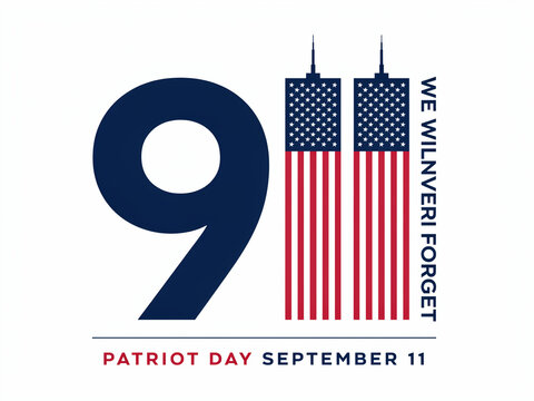 Patriot Day September 11 memorial banner with 911 typography and American flag Twin Towers isolated on white background vector
