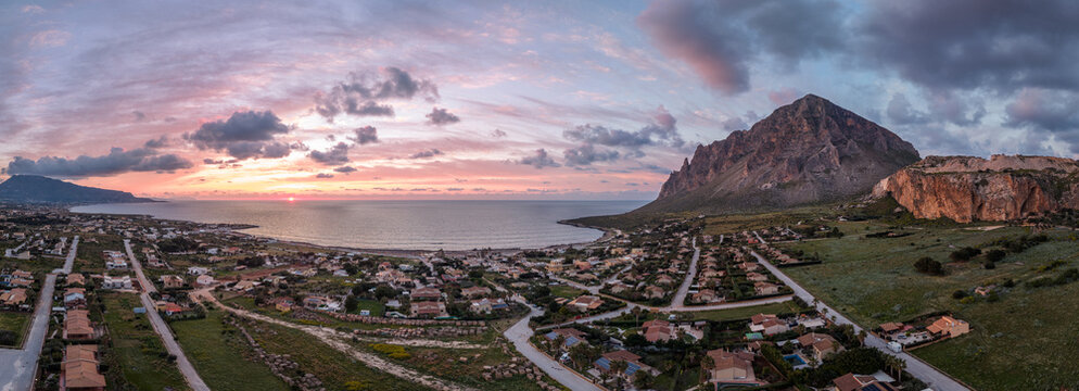 Cornino and Monte Cofano at sunset, aerial panorama