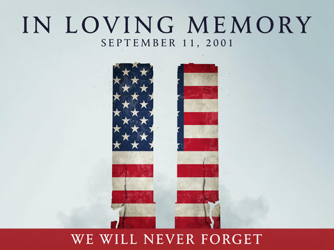 In loving memory September 11 Patriot Day memorial banner with American flag Twin Towers on sky background vector