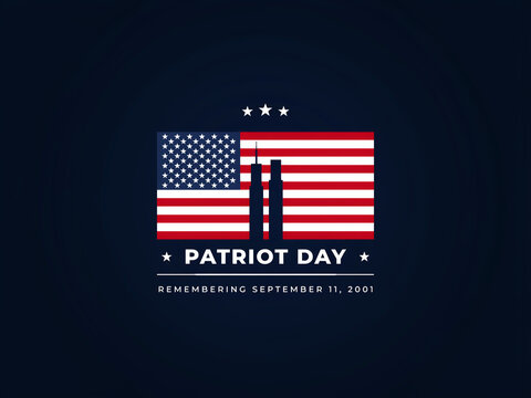 Patriot Day remembering September 11 2001 minimal banner with American flag badge and Twin Towers silhouette vector