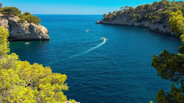 Calanques, also known as French fjords, winding bays with turquoise water among high cliffs. Provence, Alps, Cote dAzur, Marseille district, France. High quality 4k footage