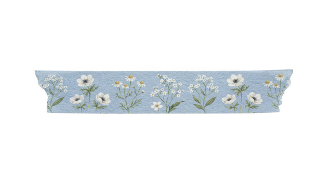Washi tape strip with delicate white floral pattern on light blue background isolated on transparent background
