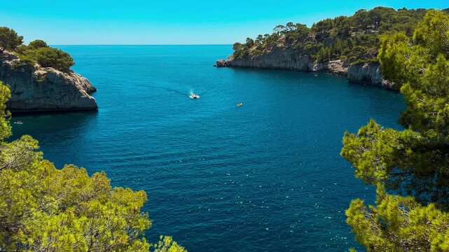 Calanques, also known as French fjords, winding bays with turquoise water among high cliffs. Provence, Alps, Cote dAzur, Marseille district, France. High quality 4k footage