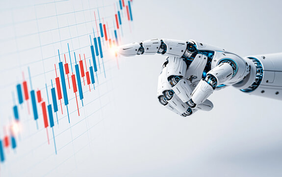 Robot finger pointing at stock market candlestick chart, symbolizing algorithmic trading and financial technology