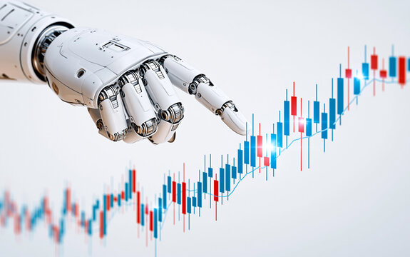 Robot finger pointing at stock market candlestick chart, symbolizing algorithmic trading and financial technology