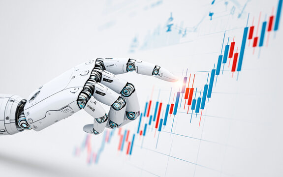 Robot finger pointing at stock market candlestick chart, symbolizing algorithmic trading and financial technology