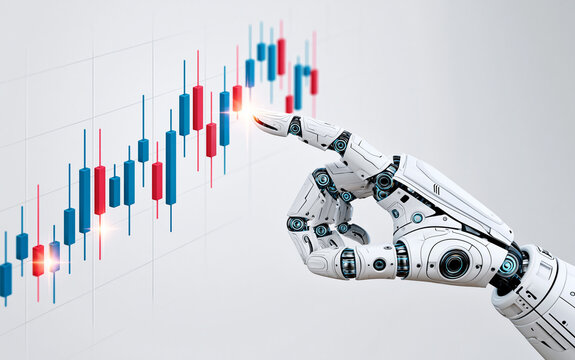 Robot finger pointing at stock market candlestick chart, symbolizing algorithmic trading and financial technology