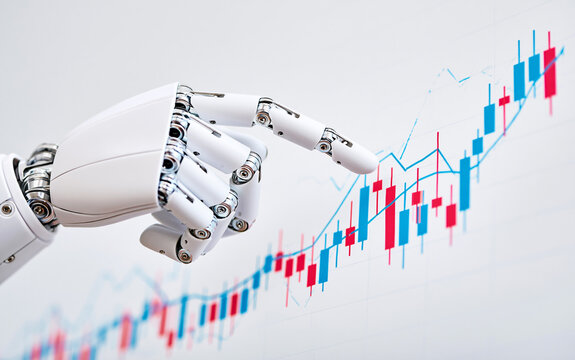 Robot finger pointing at stock market candlestick chart, symbolizing algorithmic trading and financial technology