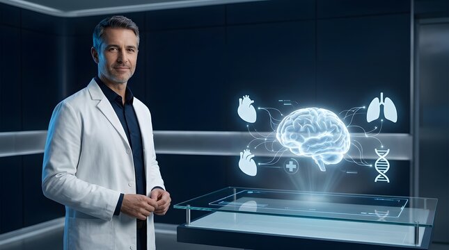 Doctor analyzing a glowing holographic brain interface in a futuristic medical research laboratory.
