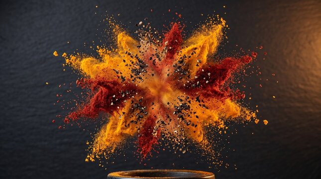 Colorful spice powder explosion with turmeric paprika and black pepper on dark textured background.