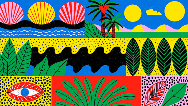 Bold Tropical Sun and Palm Landscape Graphic