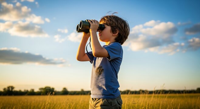 Boy looking through binoculars in a field. Childhood exploration and discovery concept with outdoor adventure, curiosity, observation, travel, and nature study.
