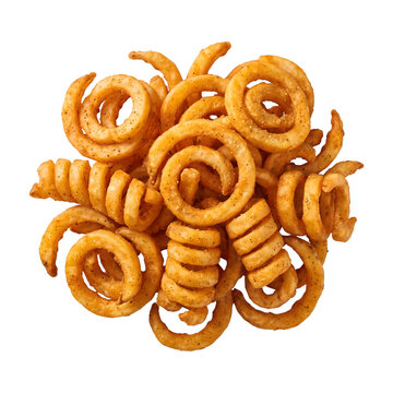 A delicious pile of seasoned curly fries isolated on transparent background