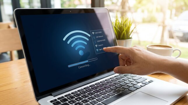 Hand selecting Wi-Fi network on laptop screen. Wireless internet connection, digital access and modern technology concept in a bright home office.