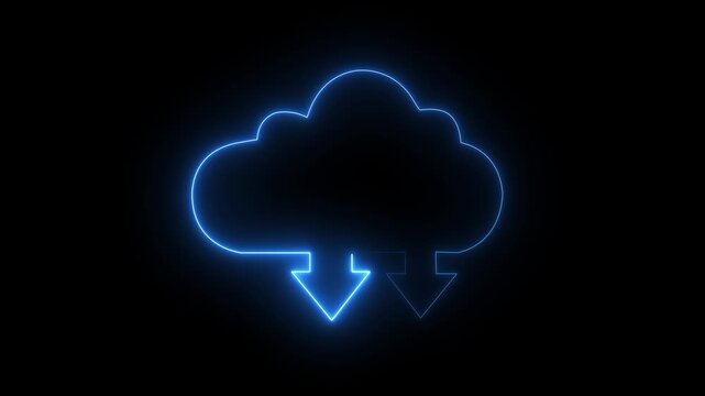 Neon blue cloud computing with glowing data download arrows animation Animated cloud smart information network glowing line icon with hi-tech digital data connection system, Alpha channel