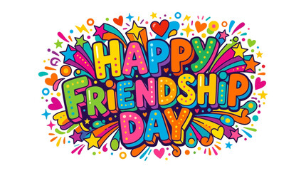 Fototapeta premium Colorful Happy Friendship Day hand drawn doodle lettering with stars and hearts