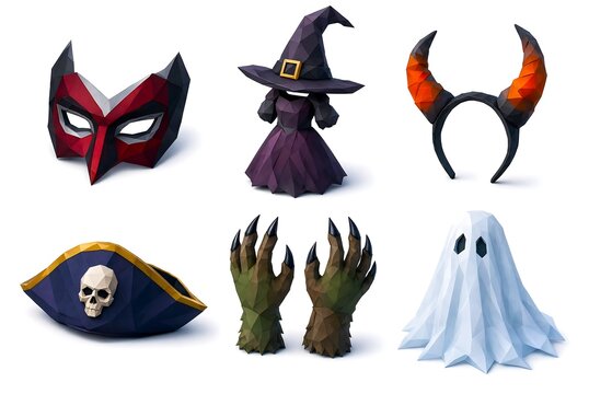 ow Poly Halloween Costume Props Set Isolated on White Background Featuring Masquerade Mask Witch Dress Horns Headband Pirate Skull Hat Monster Claws and Ghost Sheet