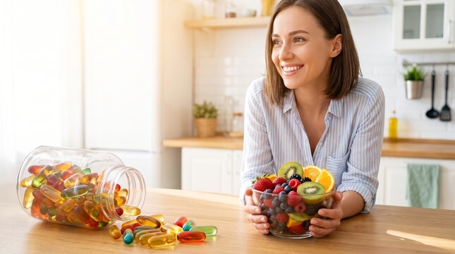 Smiling woman holding a bowl of fresh fruit beside scattered vitamin capsules in a bright kitchen. Healthy nutrition, natural wellness, dietary supplement and balanced lifestyle concept