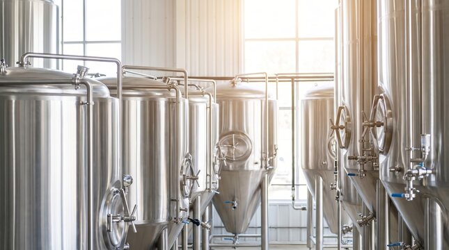 Stainless steel fermentation tanks inside a modern brewery. Industrial beverage production facility with brewing equipment, processing technology, and craft manufacturing concept.