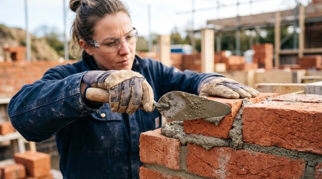 Woman bricklayer applying mortar with a trowel while building a brick wall at a construction site. Skilled trade, female workforce, masonry and building industry concept.
