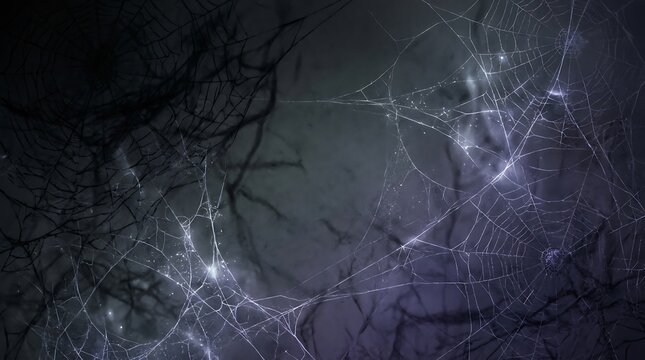 Eerie dark background with intricate cobweb and spider web details.