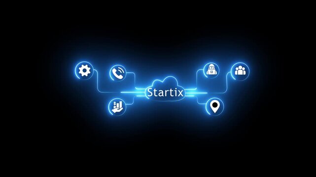 Digital cloud computing network infographic with glowing blue interface and startix branding digital network
