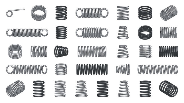 Set of metal coil springs and industrial spiral wire icons in black line art style