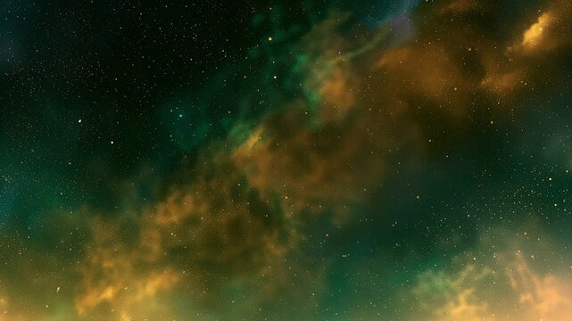Deep forest green and gold celestial nebula drifting in space