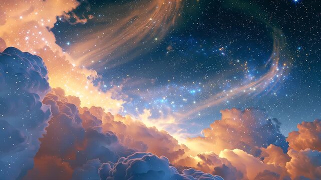 Fantasy starry vortex swirling above golden peach sunset clouds