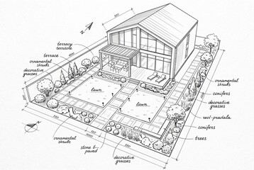 Fototapeta premium Architectural sketch of a modern house exterior with detailed landscape planning and annotations
