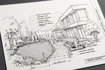 Fototapeta premium Hand drawn architectural perspective of a contemporary residence and garden with material callouts