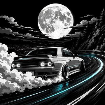 Car drifting, drifting car illustration, drift art, smoke, moon, speed demo, night race, custom vehicle, turbo, burnout, street tuner, jDM, ralley, cinematic, speedlines, gray and blue