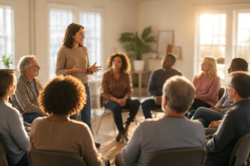 Obraz premium Diverse adult group of men and women participating in a community support meeting or therapy session