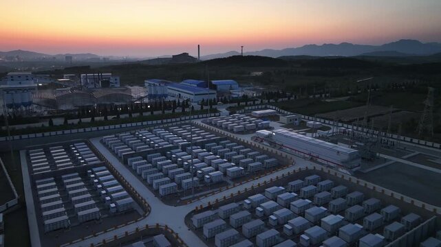 Large-scale energy storage power station at sunset with battery arrays and industrial facilities