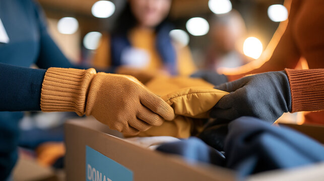 close-up of volunteers' hands packing winter clothing into a donation box in an intimate bright community setting, faces out of frame, charity and support concept, nonprofit,