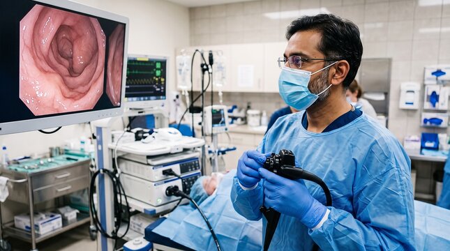 doctor performing a colonoscopy procedure in a hospital operating room setting