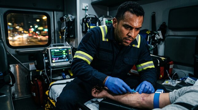 Paramedic performing intravenous access on a patient inside an ambulance at night