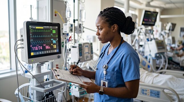 Black female nurse recording patient information on clipboard in hospital room