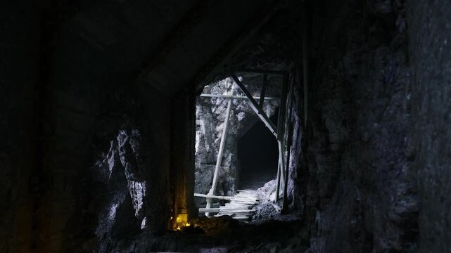 Luminous archway revealing snowy hollow beyond, traveler narrative implied with sense of arrival, crisp contrasts, layered stone textures and distant pale glow