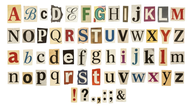 Ransom note style alphabet letters and punctuation marks isolated on transparent background