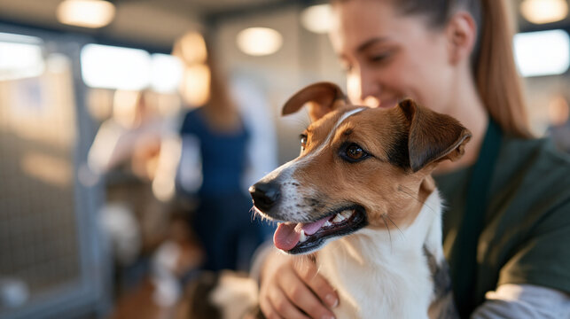 rear view of a volunteer lovingly interacting with a rescued dog in a bright animal shelter, back to camera, tidy kennels and a welcoming atmosphere, companionship and care