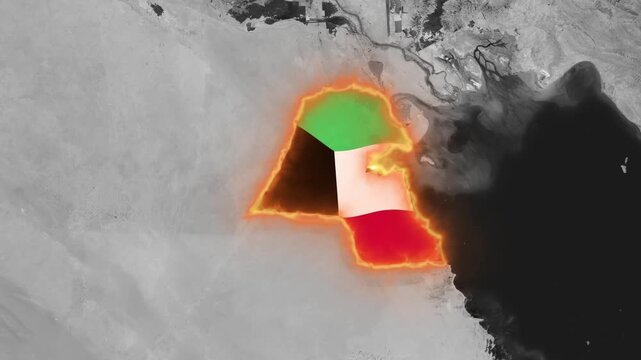 Kuwait Map Glowing Fire Outline with National Flag Animation on Dark Satellite Background
