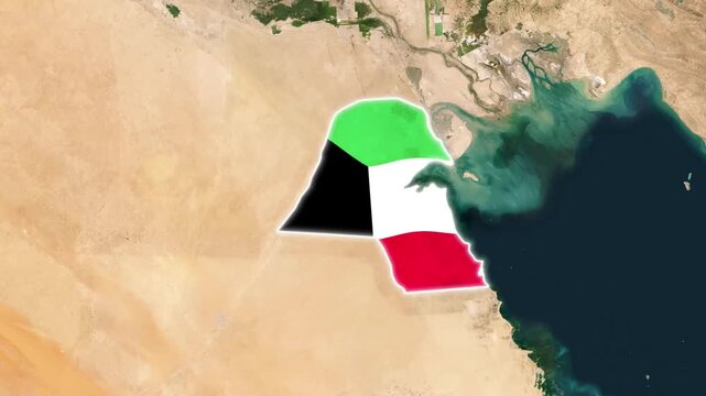 Kuwait Country Map with National Flag Animation Rotating on Middle East Satellite Globe