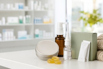 Fototapeta premium Display of various health and beauty products on a table in a store setting with a blurred background