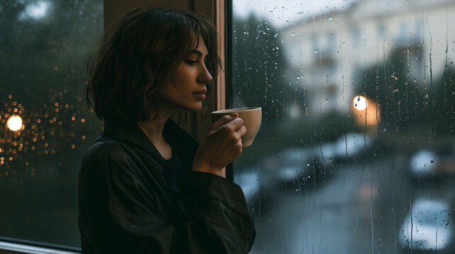 Thoughtful young woman holding warm cup beside rain streaked window, gazing outside in quiet evening light with soft reflections, blurred city glow, cozy indoor mood and calm contemplative atmosphere