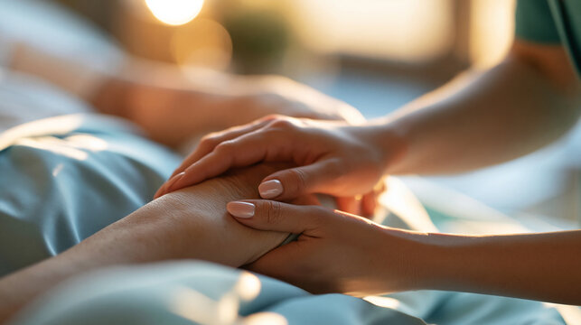 close-up of a caregiver's hands tucking a blanket gently around a patient in bright even lighting, face out of frame, compassionate patient support concept, hospice care, comfort,