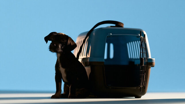 black silhouette of a dog inside a pet carrier on a bright background, animal rescue transport concept, care, community, adoption, graphic, bright, with copy space