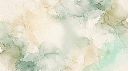 Fototapeta premium Abstract background featuring soft flowing alcohol ink textures in shades of sage green and gold on a white surface