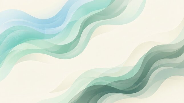 Abstract background featuring soft flowing waves in shades of blue and green on a light cream colored backdrop