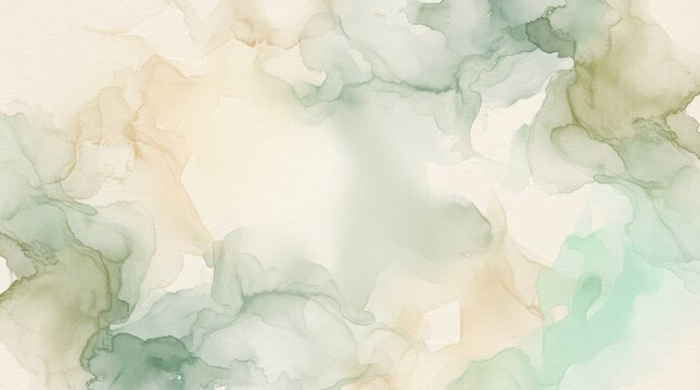 Abstract background featuring soft flowing alcohol ink textures in shades of sage green and gold on a white surface